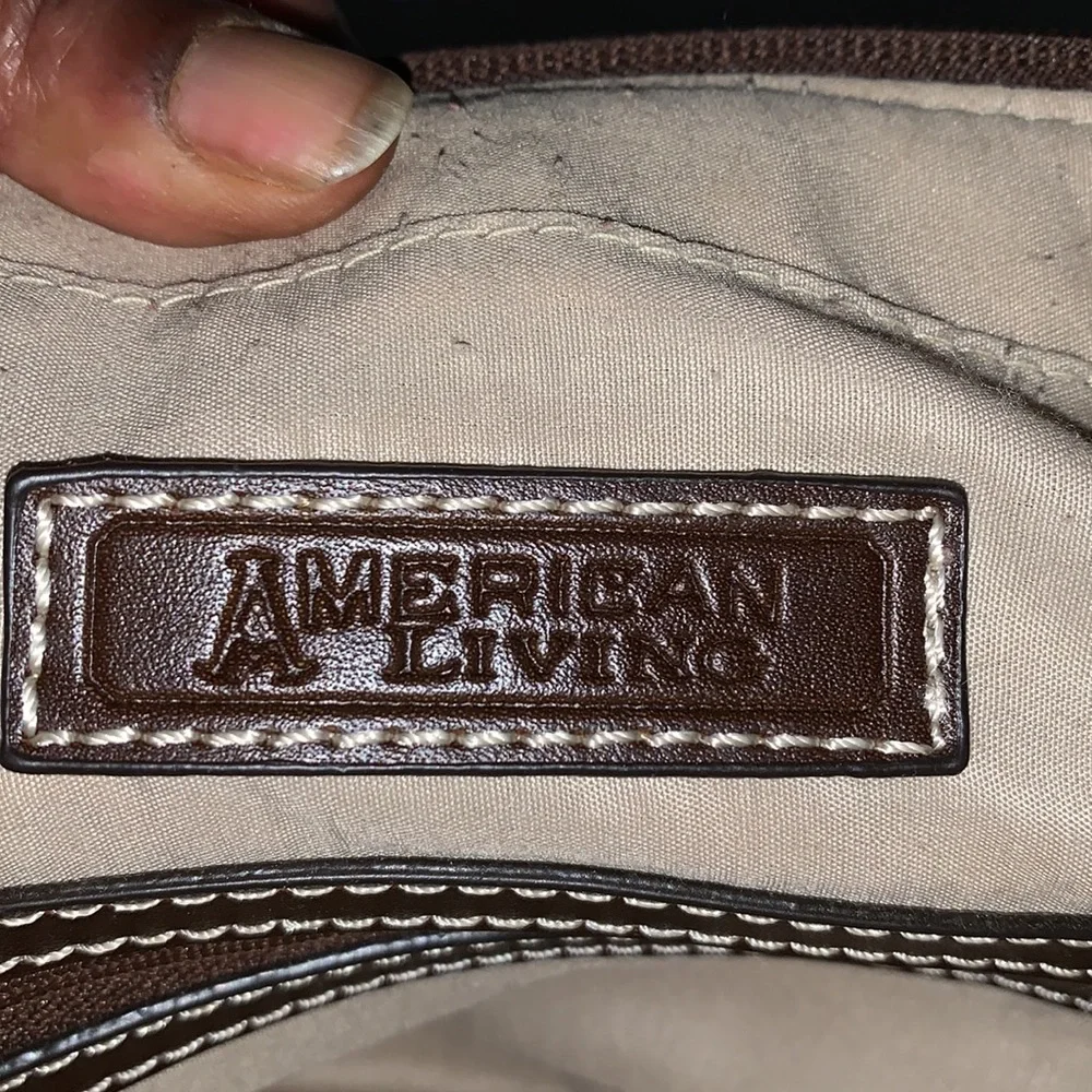 American Living Logo fabric Tan n brown trim Satchel Handbag